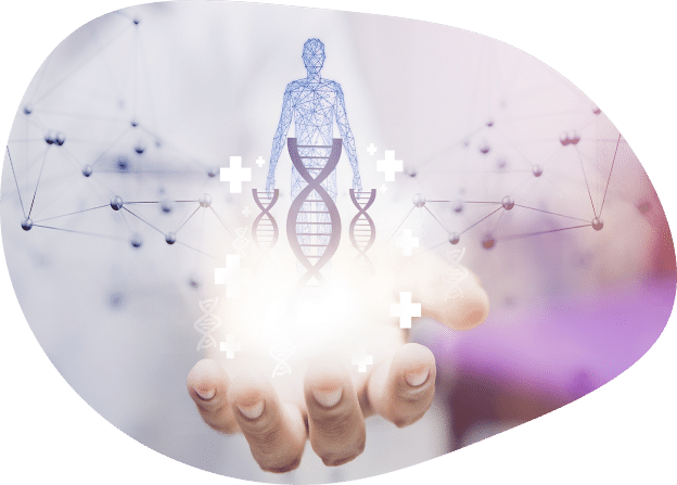Während einer DNA-Analyse hält eine Hand ein leuchtendes Display, auf dem ein menschliches Drahtgittermodell, DNA-Stränge und medizinische Kreuze zu sehen sind.