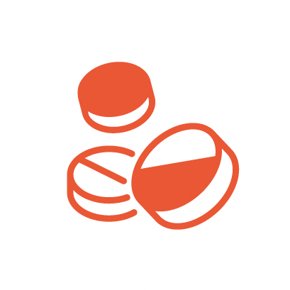 Drei orangefarbene Pillen-Symbole, die einen DNA-Test darstellen.